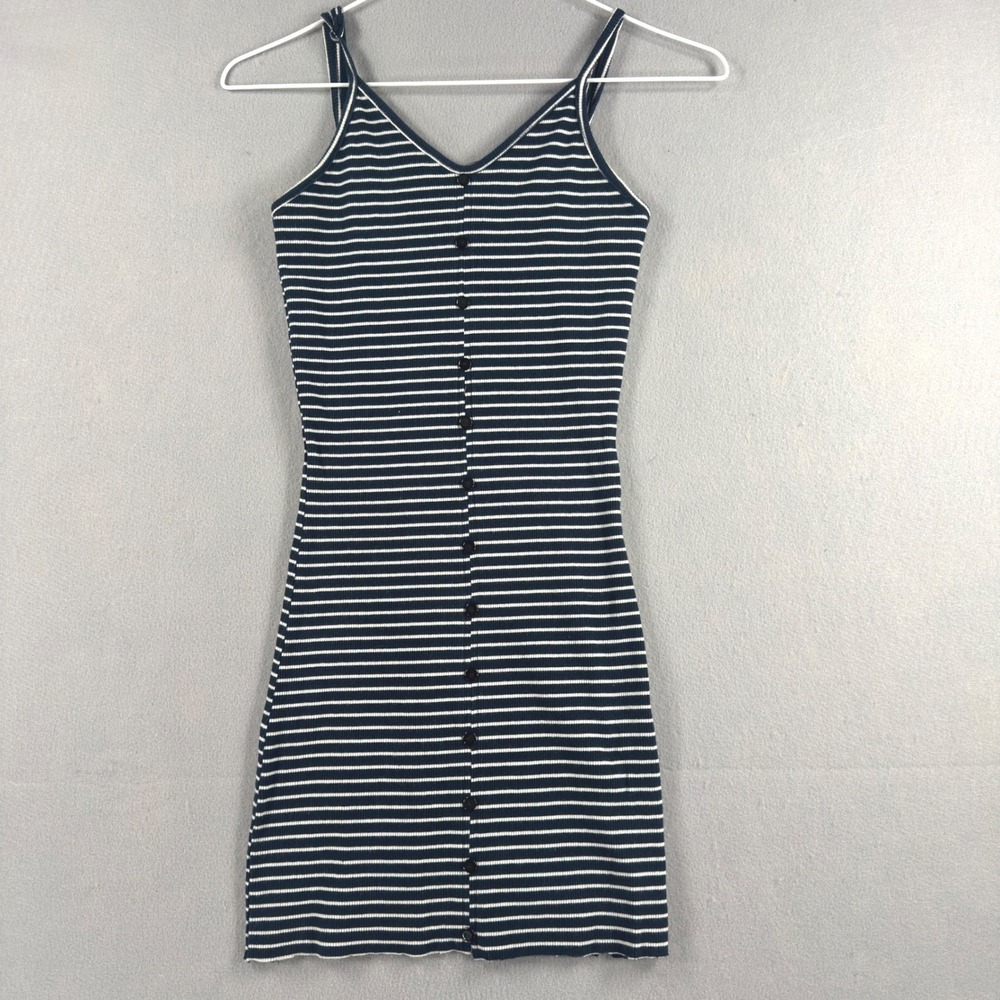 Love Culture Navy Blue White Striped Ribbed Button Down Mini Dress Small
